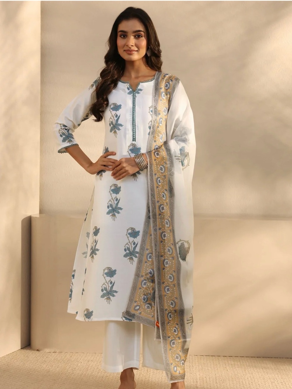 White Floral Print Kurta Set with Blue Accents